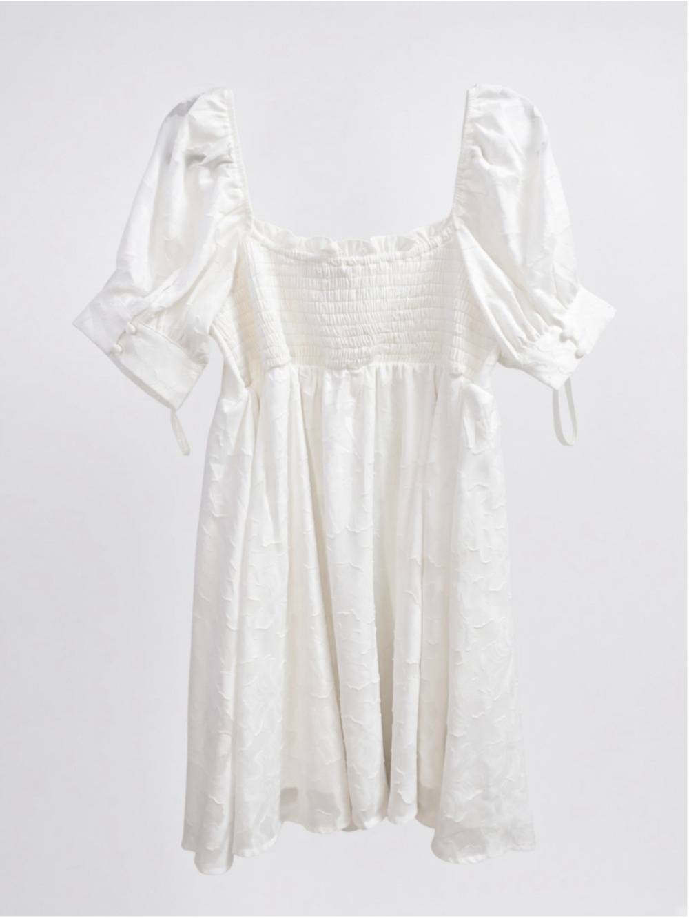 Lulus White Jacquard Puff Sleeve Ruched Babydoll Mini Dress Square Neck M - Picture 9 of 16